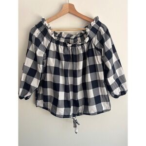 Tommy Hilfilger Gingham Off The Shoulder‎ Ruffle Blouse Size Large Black White